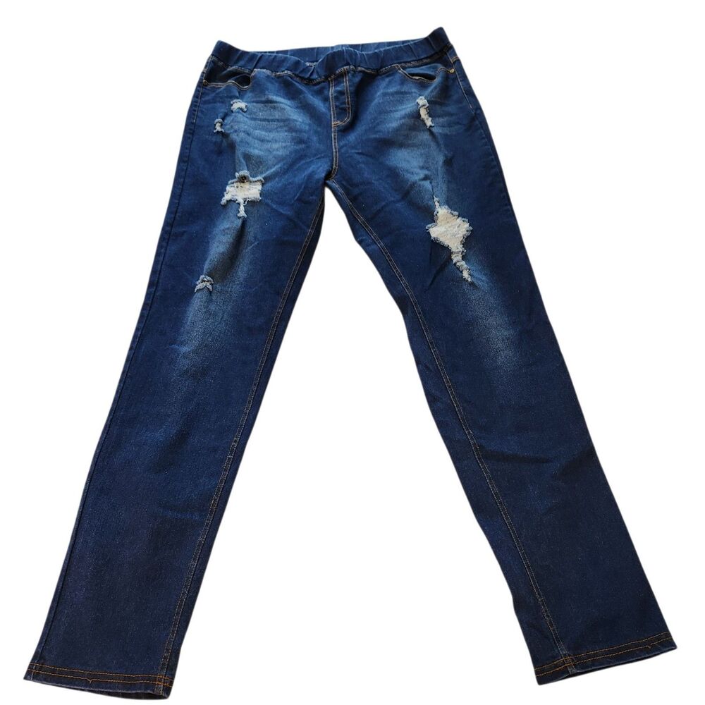 Jvini Jegging Womens 3XL Pull On Distressed Elastic Waist Dark Wash Blue Jeans